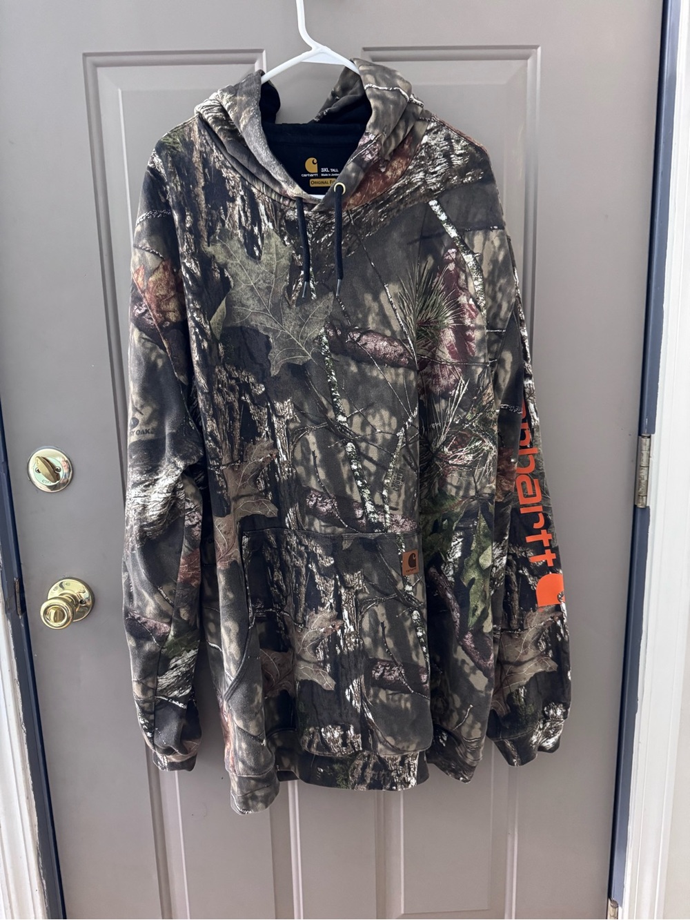 Carhartt Men’s Realtree Camo Crewneck Hoodie with Orange Sleeve Logo